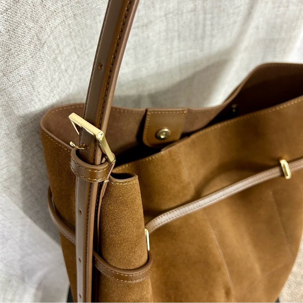 Verafied Toffee Genuine Suede Belted Tote Bag - Picture 5 of 14